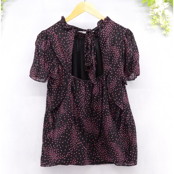 Kate Spade New York Meadow Tie Back Top Silk Blend Black Pink Blouse Sz S - Picture 2 of 7